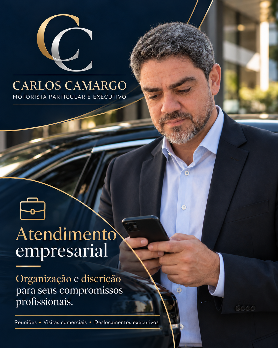 Motorista em traje social ao lado de um veículo